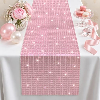 Disco Party Decorations - Pink Glitter Disco Table Runner - color: Pink Sequin Glitter