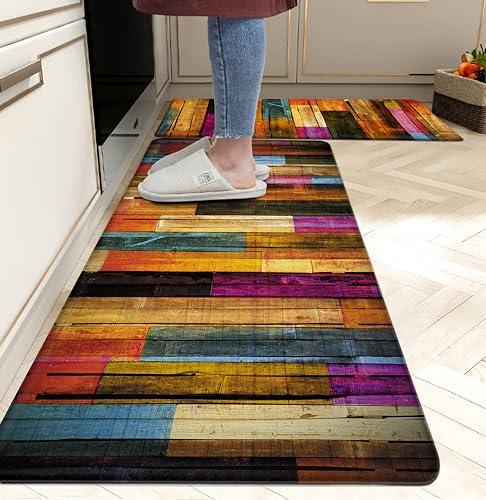 Kitchen Mats for Floor Colorful kitchen rugs Cool Wooden Abstract Anti Fatigue Kitchen Mats Waterproof Floor Mats Cushioned Non-Skid Standing Mats for Laundry, Sink, Set of 2,17.3 x 28+17.3 x 47 Inch - color: Colorful Wooden