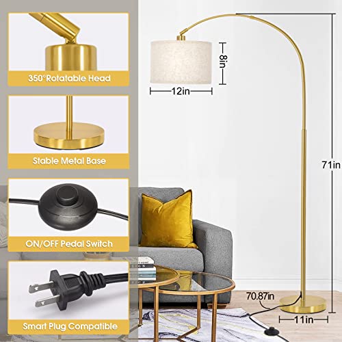 Gold Floor Lamp, Arc Floor Lamp for Living Room with Adjustable Drum Lampshade, Modern Tall Standing Lamp with On/Off Foot Switch, Over Couch Arched Reading Light for Reading, Bedroom, Office - color: Gold