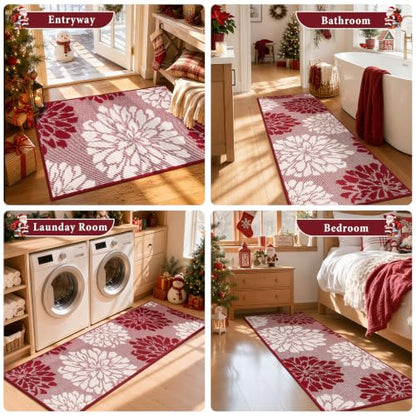 Findosom Christmas Kitchen Rugs Sets of 2, Floral Washable Kitchen Runner - color: Red, size: 24" x 36" + 24" x 60"