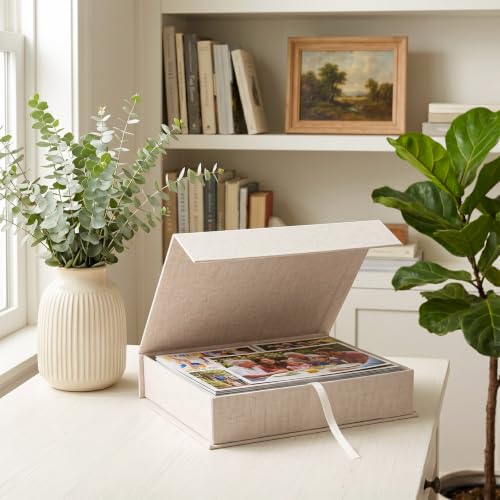 Linen Photo Box, 8×10 Memory Box for Keepsakes Photo Storage Boxes with Lids Stackable for Storing Photos, Postcards, Handwritten Letters, Drawer and Tabletop Organizer, 11.1×8.9×2.5 Inch