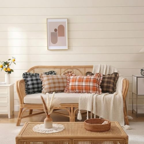 Chocolate Dark Brown Tartan Plaid Fall Cute Throw Pillow Covers 18x18 - color: Chocolate Ruffled Plaid Throw Pillow Covers, size: 18" x 18" (Pack of 2)