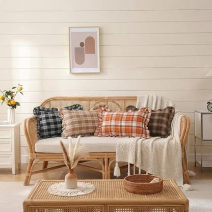 Chocolate Dark Brown Tartan Plaid Fall Cute Throw Pillow Covers 18x18 - color: Chocolate Ruffled Plaid Throw Pillow Covers, size: 18" x 18" (Pack of 2)