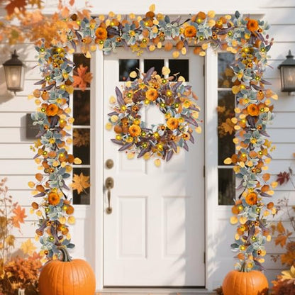 Fall Garland with Lights, 6FT Fall Leaves Garlands, Artificial Eucalyptus Garland with Pumpkins Berries for Home Mantle Fireplace Decor Thanksgiving Christmas Party Autumn Decoration (6FT)