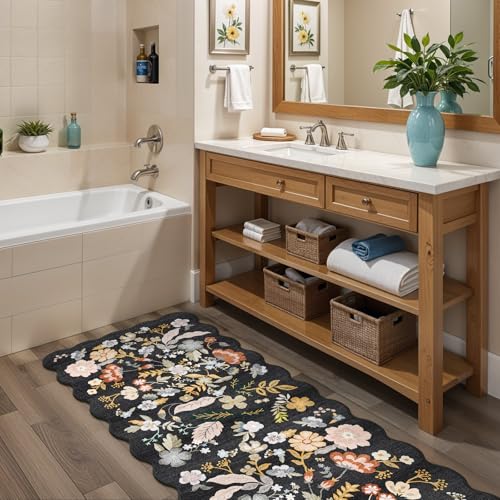 2x8ft Scalloped Hallway Runner Rug: Washable Floral Kitchen Runner Black - color: Black, size: 2' x 8' (Runner)
