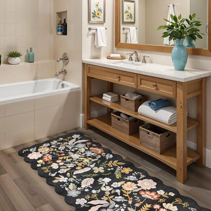 2x8ft Scalloped Hallway Runner Rug: Washable Floral Kitchen Runner Black - color: Black, size: 2' x 8' (Runner)