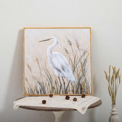 Eonzeun Framed Textured Canvas Wall Art, 24x24 Inch Wabi-Sabi Neutral Tone Egret Painting for Living Room, Dining Room, Office - color: Egret-1, size: 24"L x 24"W