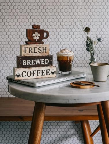 Coffee Wooden Tabletop Decor,Fresh Brewed Coffee Wood Sign Mini Coffee Bar Wooden Signs Book Stacks Accessories Rustic Table Farmhouse Table Decor (Fresh Brewed Coffee) - size: Coffee