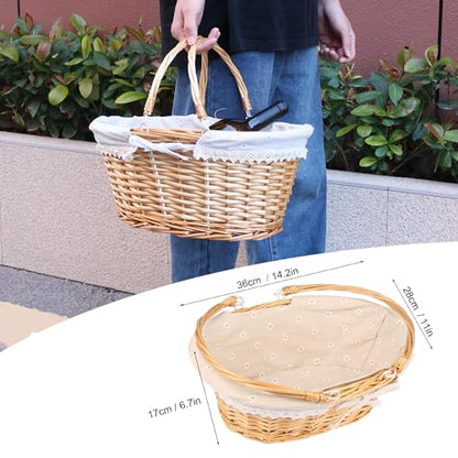 Wicker Basket with Handle, 14.2 x 11 x 6.7 Inch Wicker Picnic Baskets with Liner, Oval Willow Woven Basket for Fruit, Wine, Gathering, Wedding, Picnic,by GNIEMCKIN - size: 1 PCS Large natural color