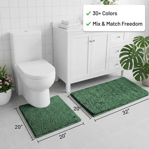 Bathroom Rugs Sets 2 Piece,Super Absorbent Chenille Bath Mats and U-Shaped Toilet Rug,Strong PVC Non Slip Backing,Microfiber Washable Dry Quickly Bath Mats for Bathroom(20"x32"+20"x20"U, Dark Green) - color: Dark Green