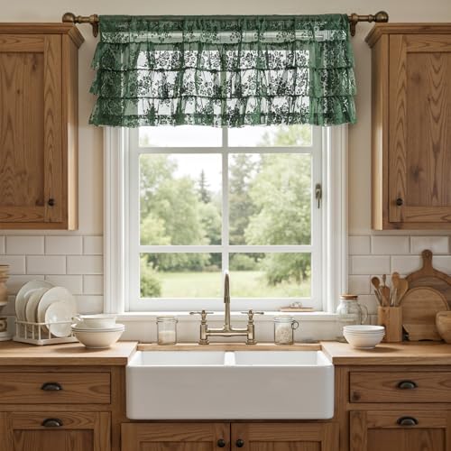 Kotile Emerald Green Lace Ruffle Valance for Windows W52 x L18 Inch 1 Panel - color: Emerald Green - Ruffle Lace