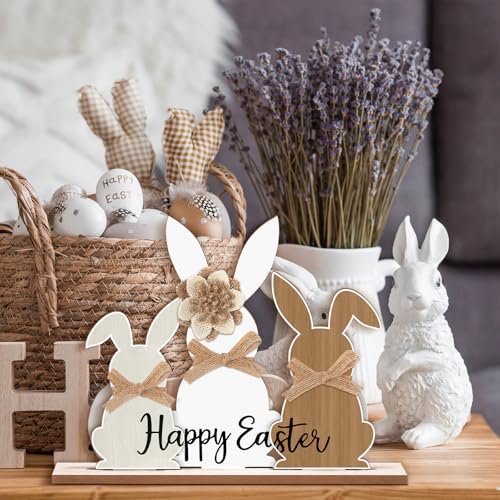 Colingmill 3 Pcs Easter Bunny Wood Centerpiece, Removable Base Burlap Bow