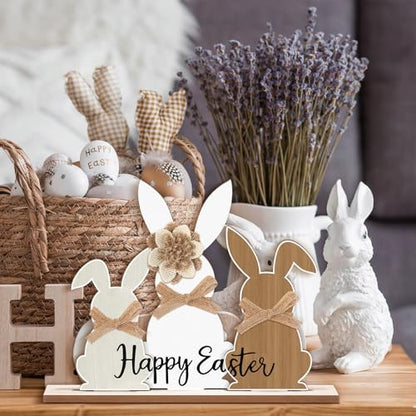Colingmill 3 Pcs Easter Bunny Wood Centerpiece, Removable Base Burlap Bow