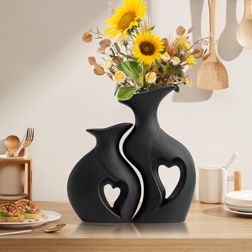XL Black Snuggle Hollow Ceramic Flower Vase Home Decor Set of 2 - color: XL Black