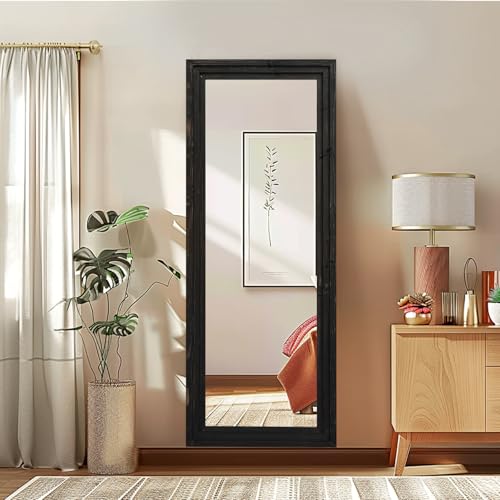58x22in Full Length Mirror, 3-Tier Stepped Solid Wood Frame, Black - color: Black, size: 58"L x 22"W
