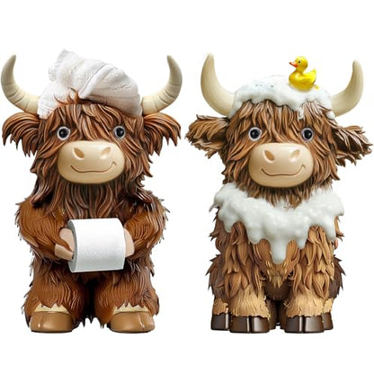 2 Pcs Resin Highland Cow Bathroom Figurines Decor, Bathroom Style - style: Bathroom