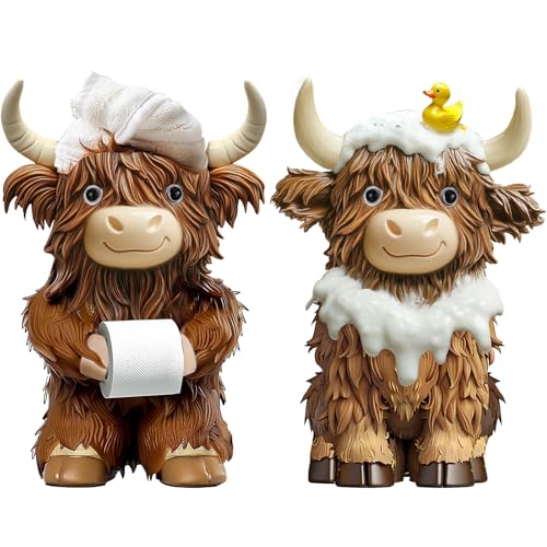 2 Pcs Resin Highland Cow Bathroom Figurines Decor, Bathroom Style - style: Bathroom