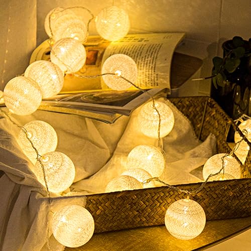 Anordsem Battery String Light Indoor: 6.88Ft/10 LED Cotton Ball Lanterns 2 Pack - Fairy Cozy Lighting Hanging Deco for Room Bedroom Party - Birthday Gifts for Babies Students Adults - color: White