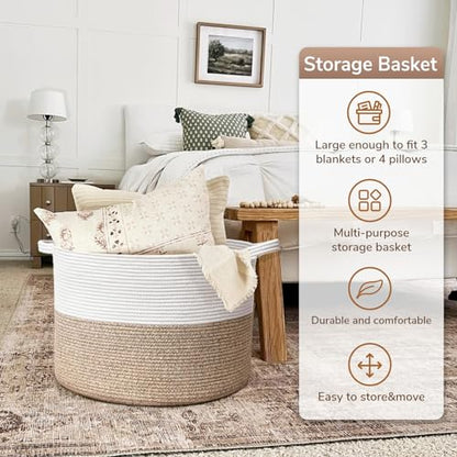 Goodpick Large Woven Basket for Blankets Fit Nursery & Living Room, 85L - color: Light Brown, size: 21.7x21.7x13.8 Inch (Pack of 1)