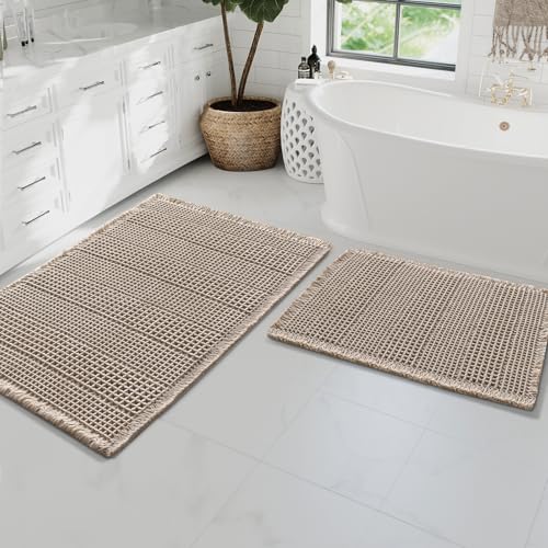 H.VERSAILTEX Waffle Bath Mat Super Absorbent Bathroom Mats Non Slip Bath Rugs for Bathroom Floor Machine Washable Ultra Soft Bathroom Rugs for Beside Tub, (32 x 20 Plus 24 x 17 - Inches, Irish Cream) - color: Irish Cream, size: 20" x 32" Plus 17" x 24"