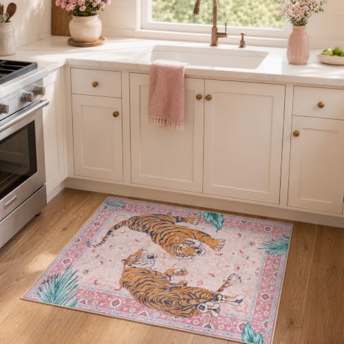 Moynesa Pink Tiger 2x3 Entryway Rug, Washable Boho Rug for Girls Bedroom - color: Pink, size: 2' x 3' (Rectangular)