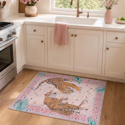 Moynesa Pink Tiger 2x3 Entryway Rug, Washable Boho Rug for Girls Bedroom - color: Pink, size: 2' x 3' (Rectangular)
