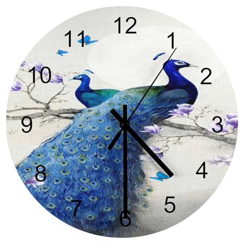 Peacock Wall Clock, Vintage Style Beautiful Blue Peacock Floral Round Clocks Wall Decor Silent No Ticking 12 Inch Wooden Clock for Bedroom Living Room Home Office - color: Peacock-5