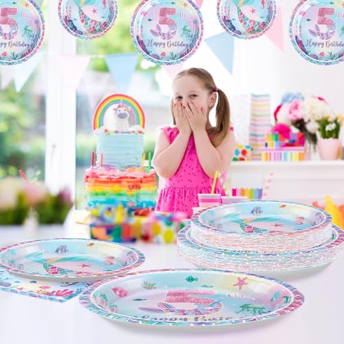 Grencian 96 Pcs Mermaid 5th Birthday Party Decorations for Girls, Serves 24 - style: Mermaid 5th Kit