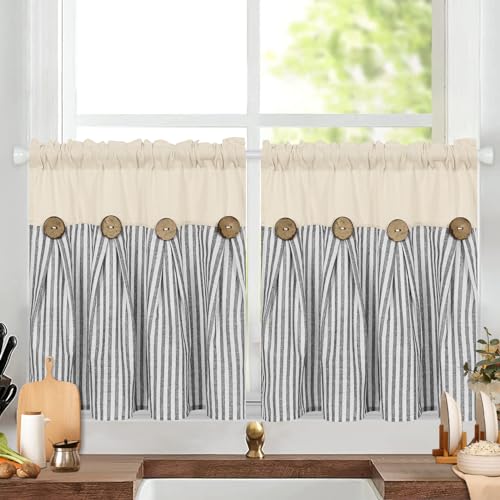 ASPMIZ Farmhouse Kitchen Curtains 24 Inch Length, Grey Stripe, 2 Panels - color: Beige&grey, size: 26"W x 24"L (Pack of 2)
