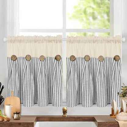 ASPMIZ Farmhouse Kitchen Curtains 24 Inch Length, Grey Stripe, 2 Panels - color: Beige&grey, size: 26"W x 24"L (Pack of 2)