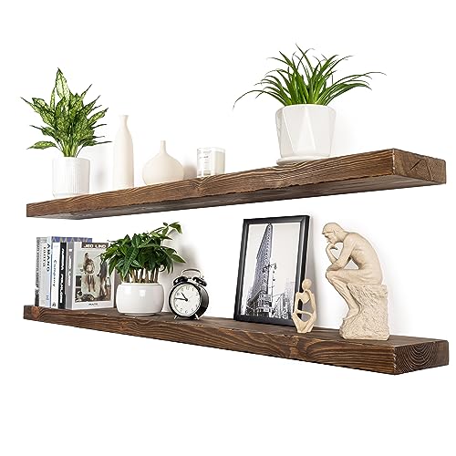 Floating Shelves 60 inch Long 8 "deep Set of 2, Heavy Duty Wood Wall Mounted Shelves for Bathroom Living Room Kitchen,Book Shelves with Thickened Hidden Bracket-Distressed Walnut - color: Distressed Black Walnut, size: 60'' x 8''x 2''(set of 2）
