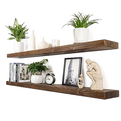 Floating Shelves 60 inch Long 8 "deep Set of 2, Heavy Duty Wood Wall Mounted Shelves for Bathroom Living Room Kitchen,Book Shelves with Thickened Hidden Bracket-Distressed Walnut - color: Distressed Black Walnut, size: 60'' x 8''x 2''(set of 2）