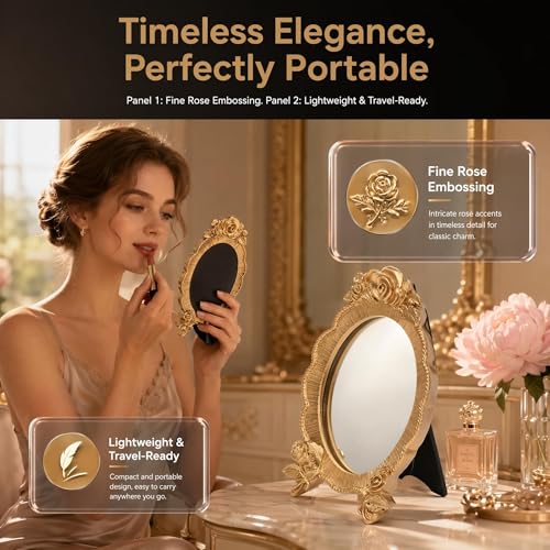 HEALLILY Oval Resin Makeup Mirror Portable European Style Handheld Cosmetic Mirror with Rose Relief Frame Lightweight for Vanity and Travel