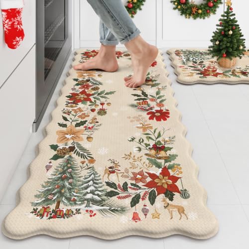 KIMODE Anti Fatigue Kitchen Mats, Beige Christmas Decor Kitchen Floor Mats - color: Christmas/Beige, size: 17.3" x 47"+17.3" x 29"--0.47 inches
