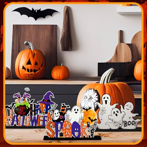CroBlissful 6 Pcs Halloween Table Centerpieces, Pumpkin Ghost Wood Signs - style: Halloween