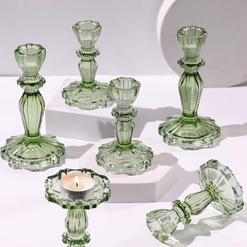 Green Candlestick Holders Set of 6, Glass Taper Candle Holders - color: Green