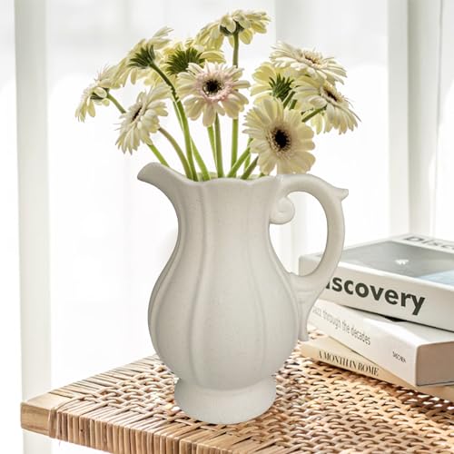 Large Rustic Ceramic Vase for Home Decor, Antique Textured Wide Mouth Farmhouse Clay Jug Pitcher Pottery Flower Vases with Handle for Aesthetic Gift… - size: 9''B