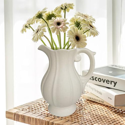 Large Rustic Ceramic Vase for Home Decor, Antique Textured Wide Mouth Farmhouse Clay Jug Pitcher Pottery Flower Vases with Handle for Aesthetic Gift… - size: 9''B