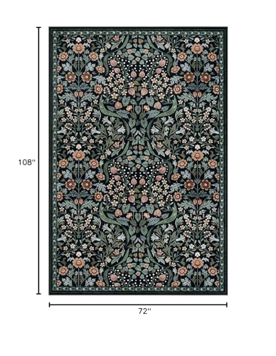 Lahome Dark Floral Rug 6x9, Botanical Washable Area Rug for Living Room - color: Black, size: 6' x 9'