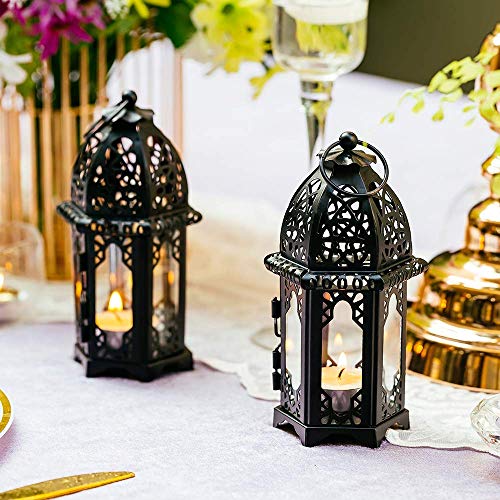 NUPTIO Moroccan Style Candle Lantern, Tealight Candle Holder with Glass - color: Black, size: 2 Pcs Small Size