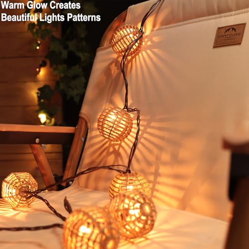 TWINKVILLA Decorative String Lights Plug in with 10 Incandescent Bulbs, Natural Rattan Globe Boho Lantern String Lights Connectable Weatherproof Outdoor Indoor for Bedroom Patio Pergola Decor