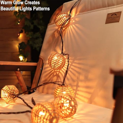 TWINKVILLA Decorative String Lights Plug in with 10 Incandescent Bulbs, Natural Rattan Globe Boho Lantern String Lights Connectable Weatherproof Outdoor Indoor for Bedroom Patio Pergola Decor