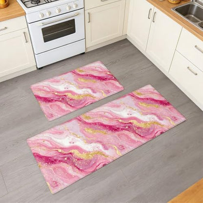 Feelyou Pink Marble Kitchen Rugs Modern Marble Aesthetic Kitchen Mats Retro Watercolor Artwork Design Cushioned Anti-Fatigue Thick Duty Ergonomic Comfort Rug 17.32x29.53+17.32x47.24 inch - color: Pink