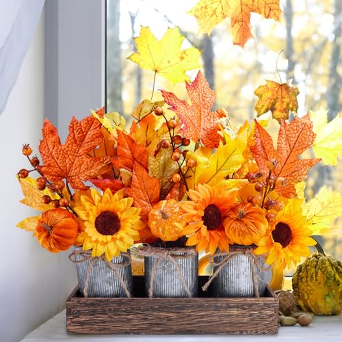 Winlyn Set of 3 Small Potted Maple Arrangement Artificial Maple Leaf Branches Faux Fall Picks and Sprays in Rustic Galvanized Metal Pots with Decorative Wood Tray