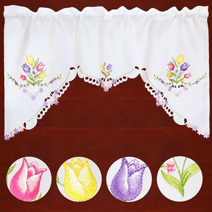 Simhomsen Embroidered Tulips Kitchen Window Curtain Swag and Tiers Set for Easters and Spring (Tulips) - color: Tulips