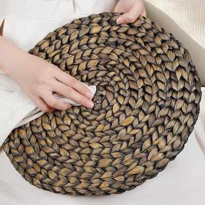 10 Pack, Round Woven Placemats, Natural Water Hyacinth Wicker Place Mats, Braided Straw Table Mats for Dining Table, Fall, Halloween, Thanksgiving, Christmas, Black (13.8 inch) - color: Black (Set of 10)