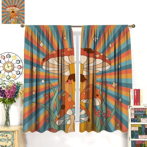 Boho Mushroom Curtains, 1970s Retro Sunset Rainbow Boho Herbs Flowers Blue Yellow Abstract Geometric Print Blackout Window Drapes for Kids Bedroom Living Room 42x45 Inch - color: Retro Mushroom-3, size: 21"W x 45"L (Pack of 2)