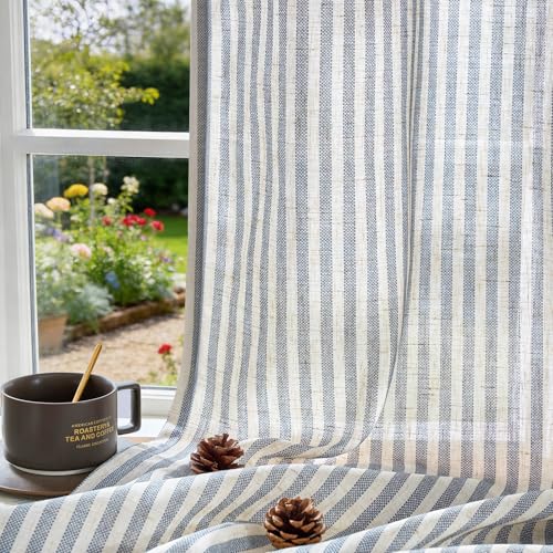jinchan Linen Curtains 84 Inch Blue Stripe on Linen Grommet 2 Panels - color: Blue on Linen, size: 50"W x 84"L (Pack of 2)