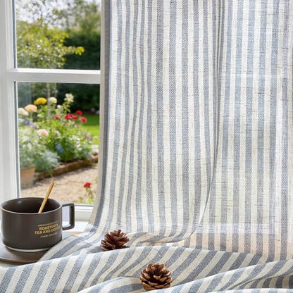 jinchan Linen Curtains 84 Inch Blue Stripe on Linen Grommet 2 Panels - color: Blue on Linen, size: 50"W x 84"L (Pack of 2)