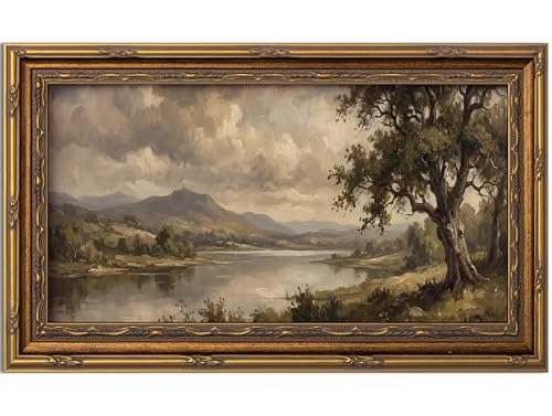 Yuantulan Vintage Oak Tree Mountain River Landscape Framed Wall Art - color: Old Tree Lakeside